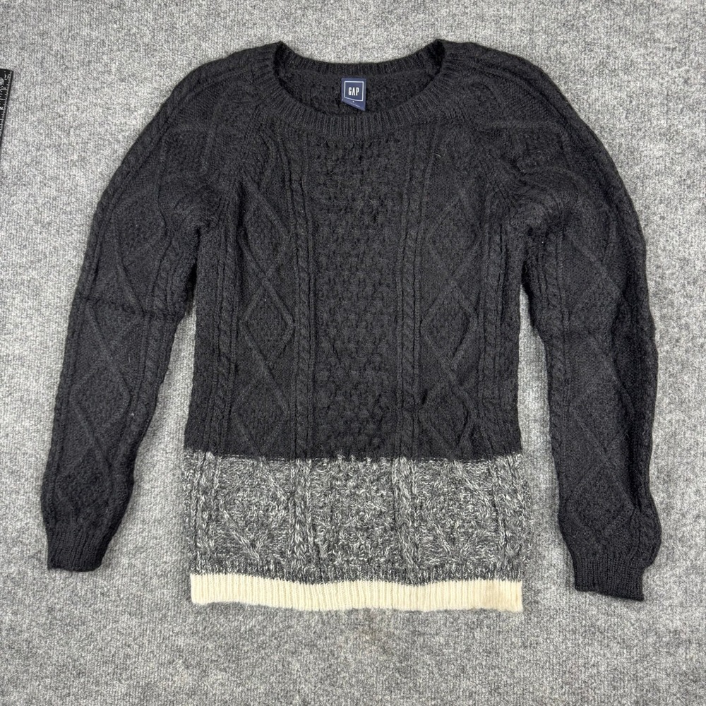 Gap Sweater Womens Size S Black Grey Colorblock Cable Knit Mohair Wool Blend